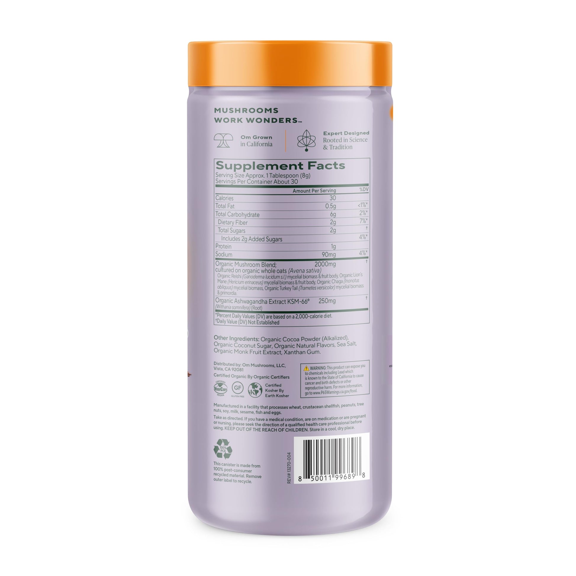 Om Mushroom Superfood adaptogenic cocoa powder for stress relief nutrition label