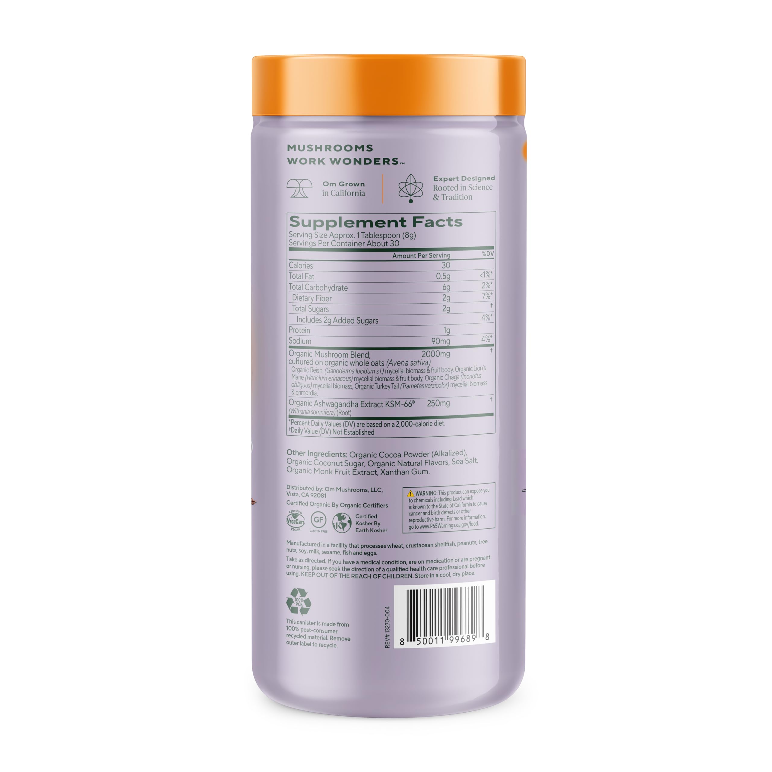 Om Mushroom Superfood adaptogenic cocoa powder for stress relief nutrition label