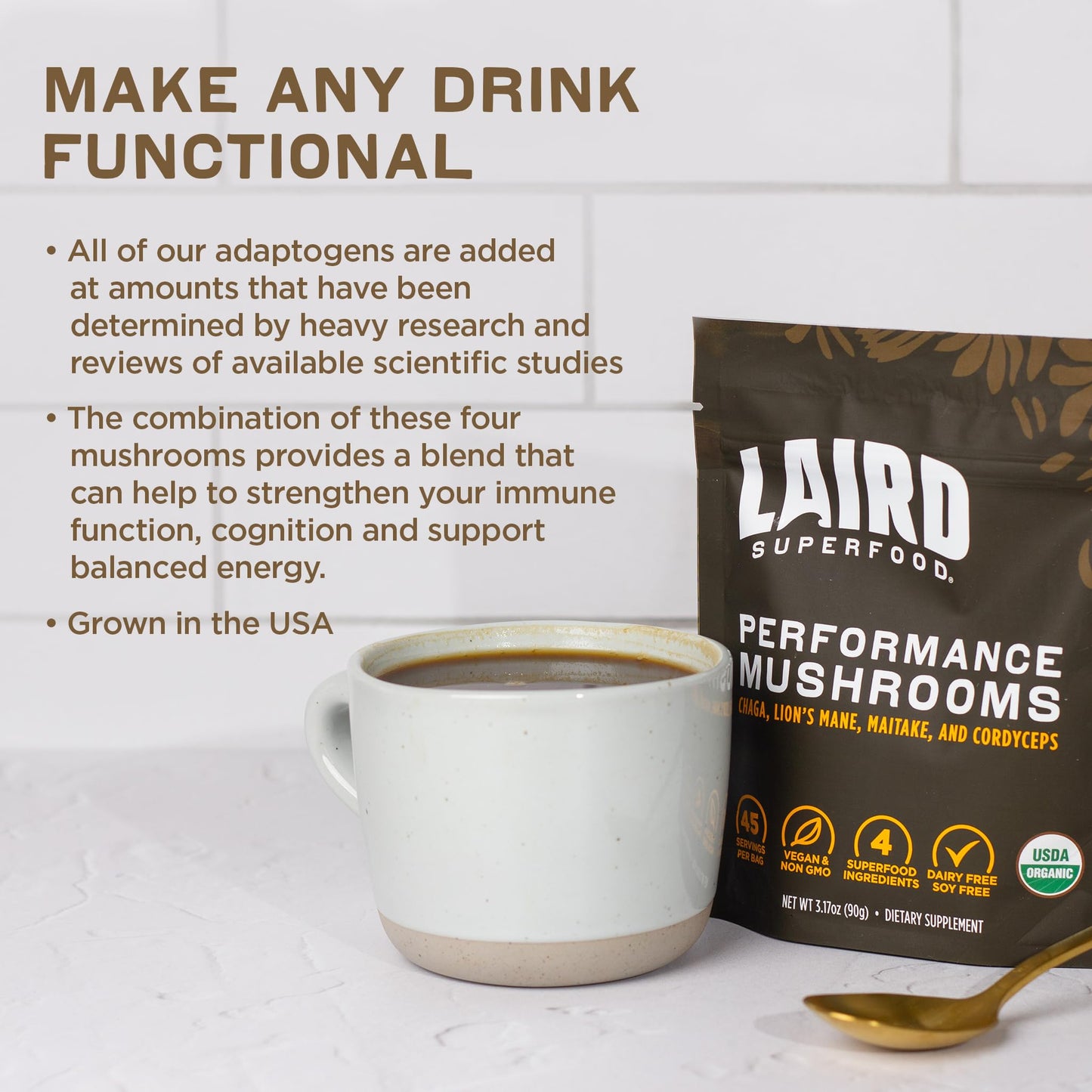Close up of 90g Laird Superfood powder packaging for cognitive focus.
