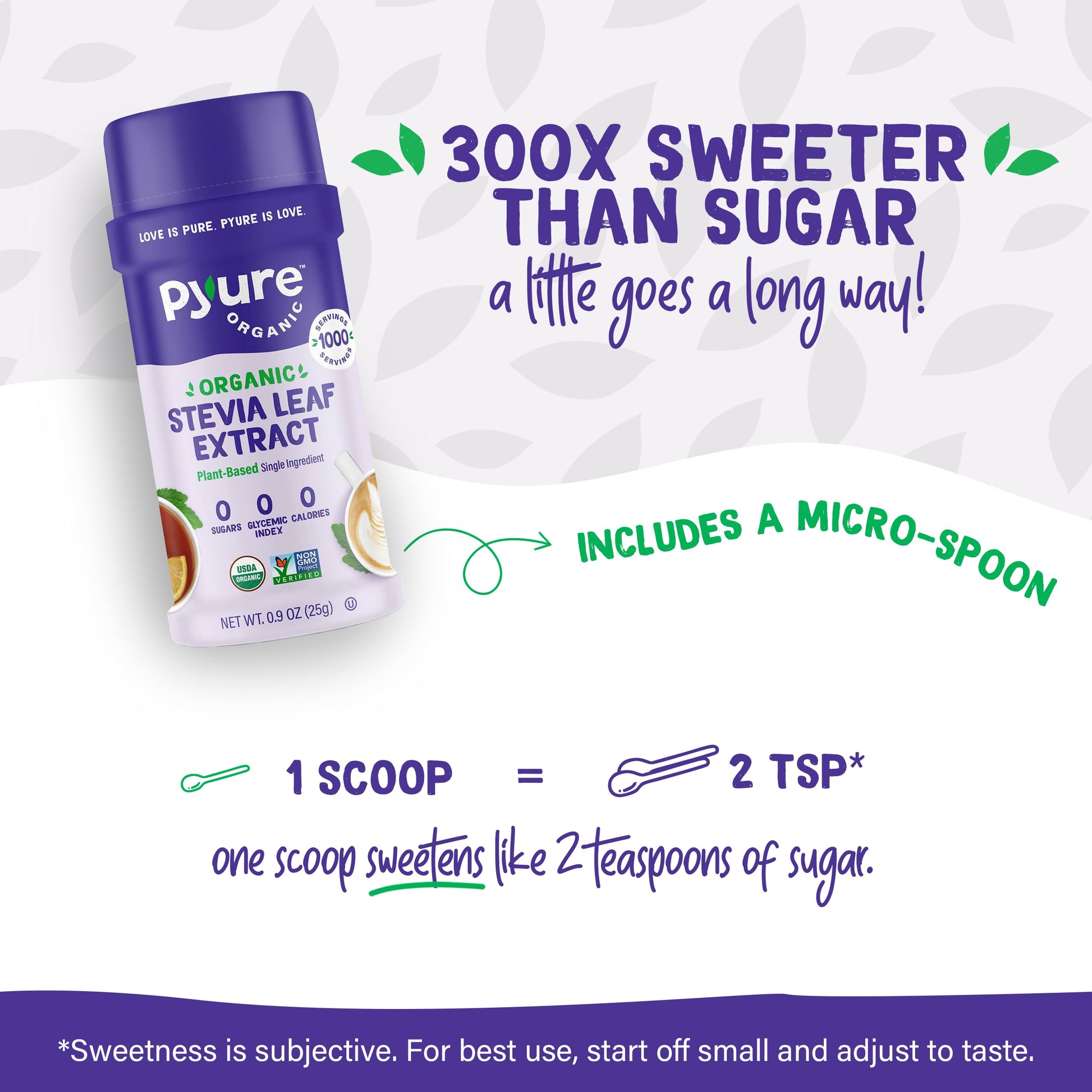 Zero calorie natural sweetener container with 1000 servings indication