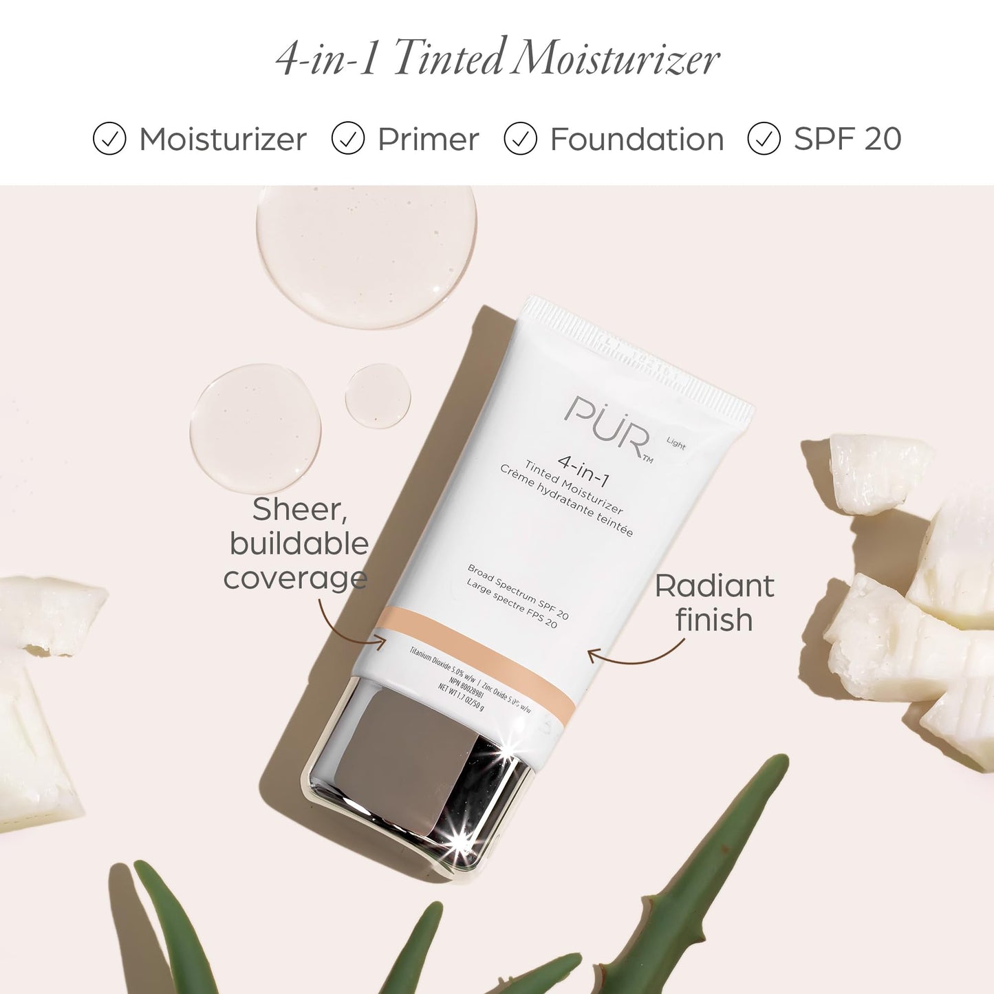 PÜR MINERALS mineral skin tint packaging box displaying clean beauty claims and ingredients list