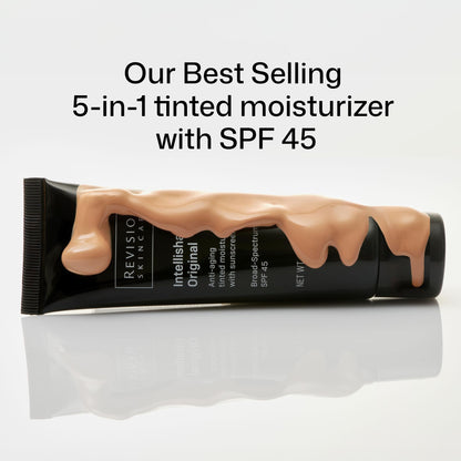Revision anti aging tinted sunscreen tube on white background