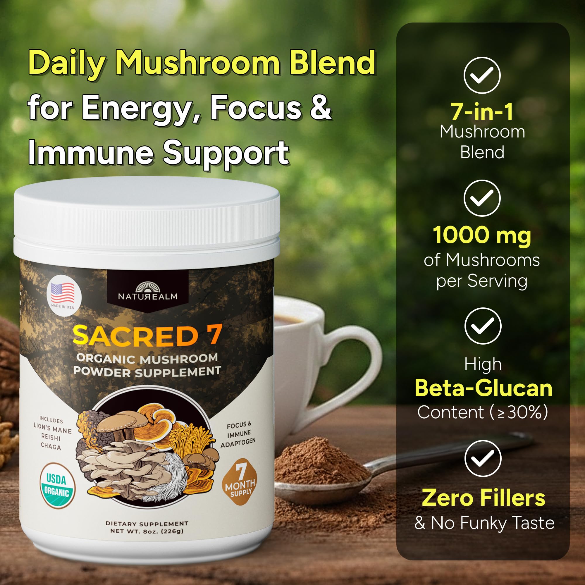 Naturealm Sacred 7 Mushroom Powder nutritional facts and ingredient label