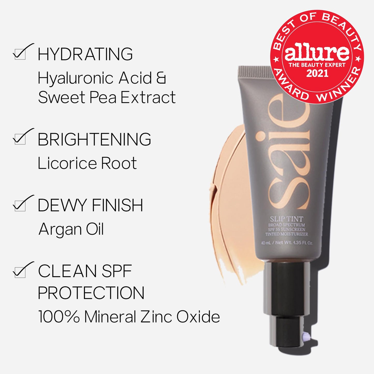 Saie clean mineral skin tint with SPF 35 packaging display