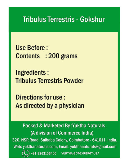 Yuktha Naturals Tribulus Terrestris powder container for ayurvedic health