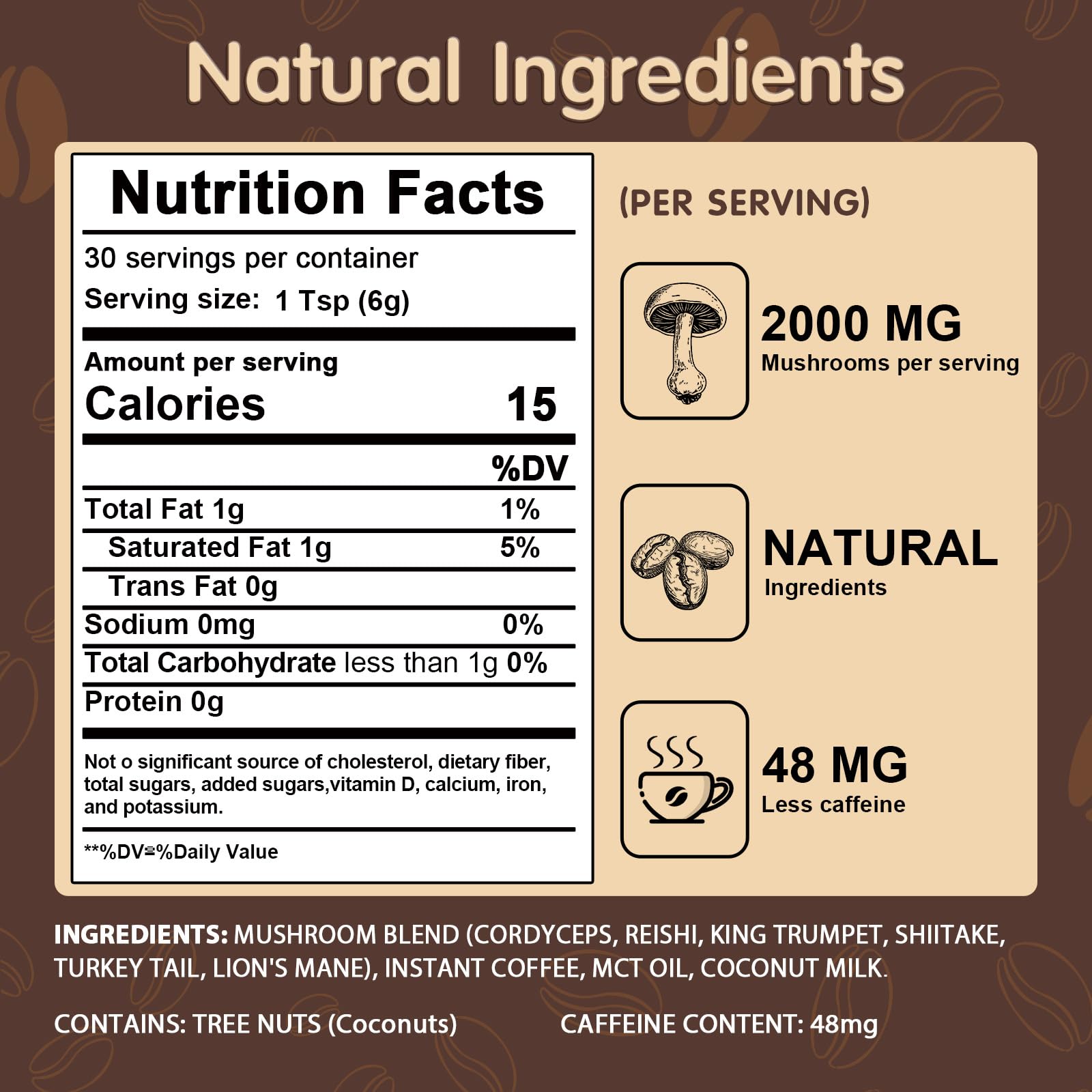 Balincer instant mushroom coffee powder packaging showcasing the six functional mushrooms ingredient list.