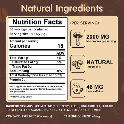 Balincer instant mushroom coffee powder packaging showcasing the six functional mushrooms ingredient list.