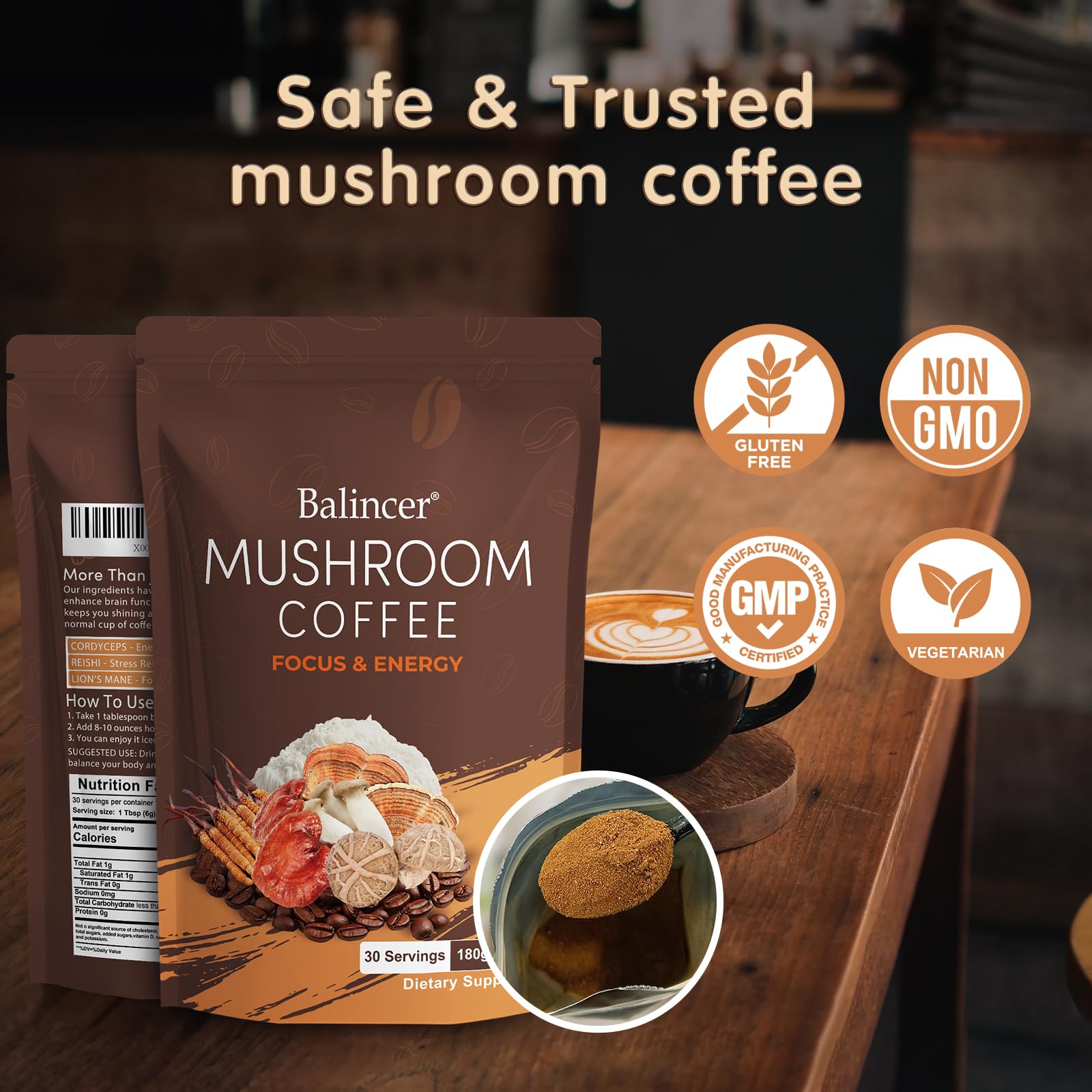 Premium Arabica coffee blend with MCT oil and coconut milk text on Balincer packaging.