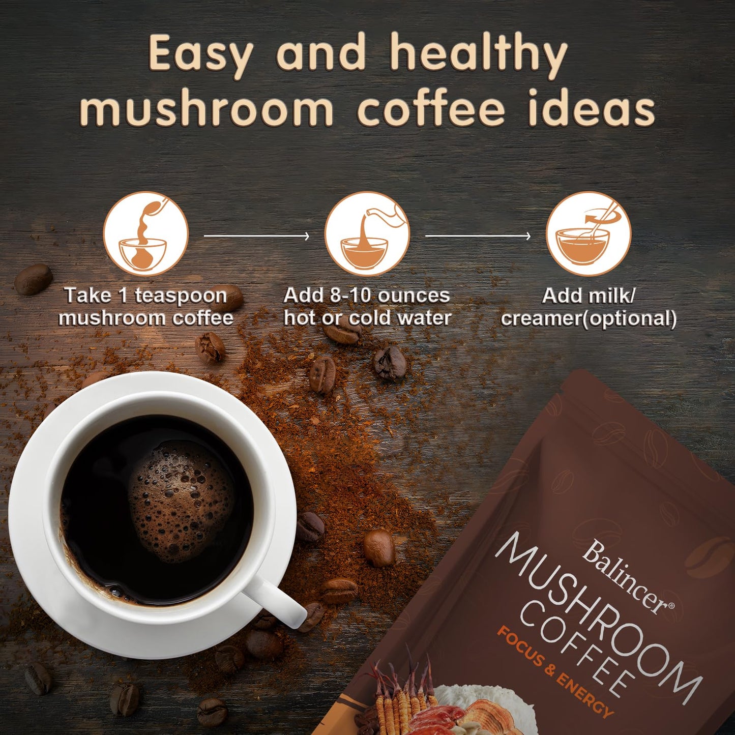 Side view of Balincer mushroom coffee pouch indicating 30 servings of instant powder.