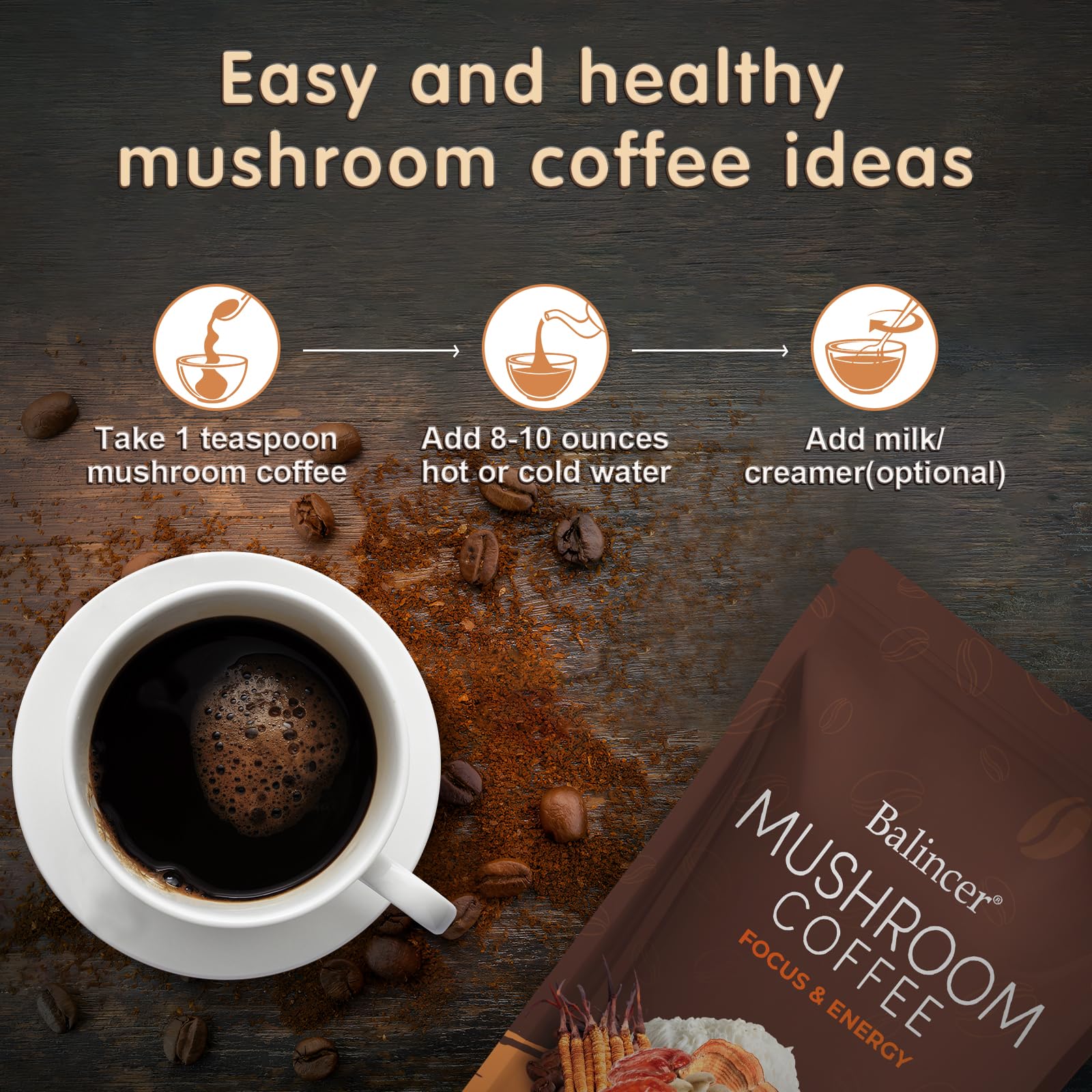 Side view of Balincer mushroom coffee pouch indicating 30 servings of instant powder.