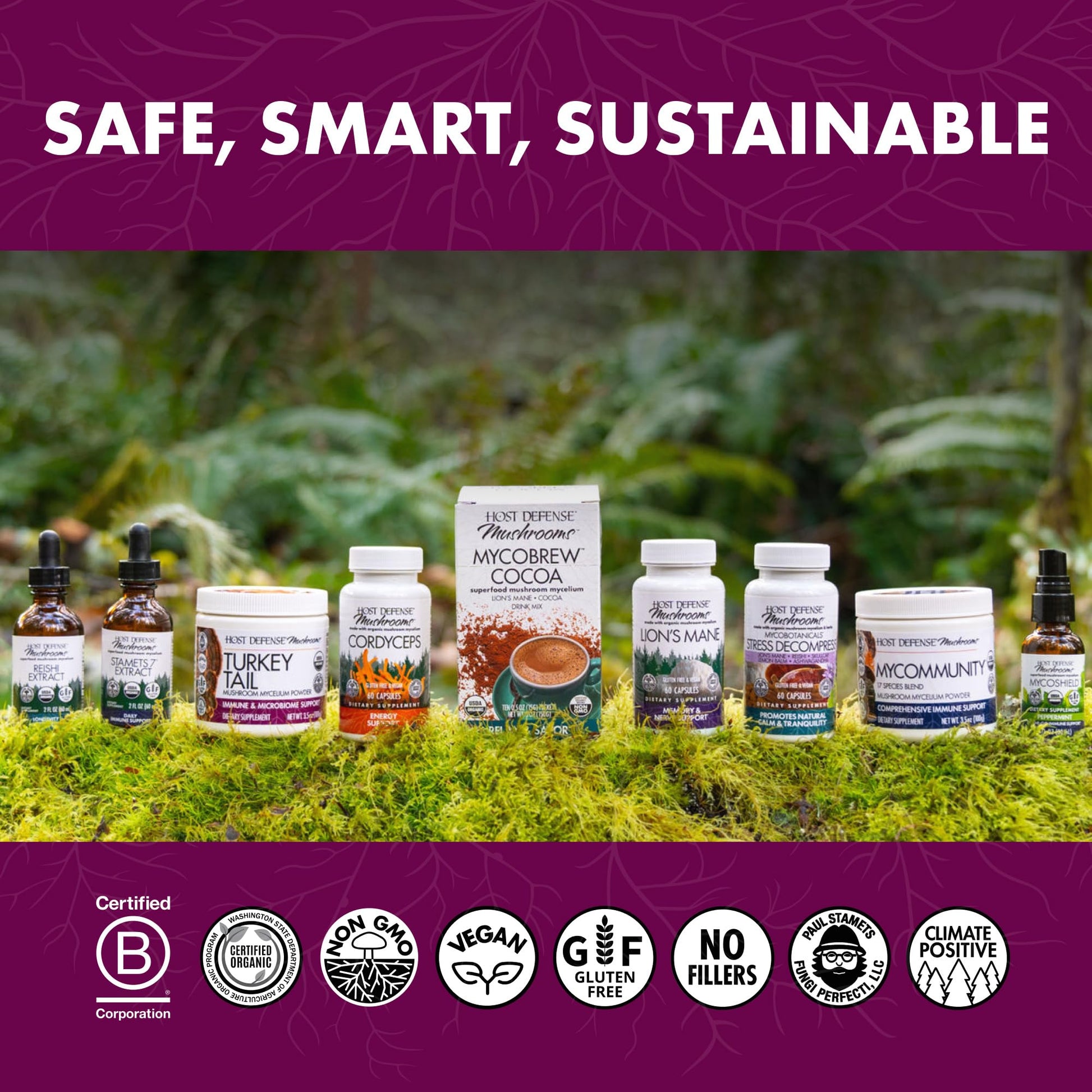 Imported Host Defense turkey tail capsules showing ingredients and organic certifications