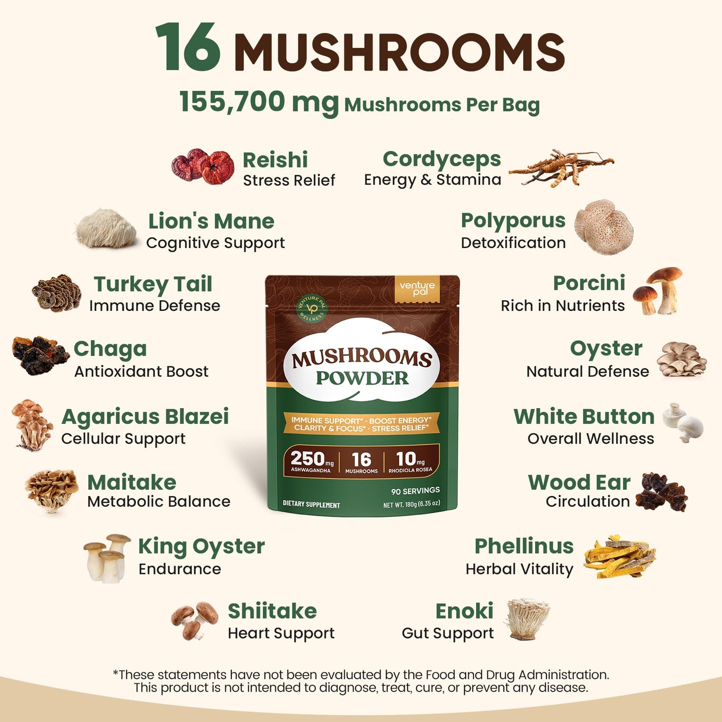 Venture Pal mushroom supplement packaging highlighting vegan and non GMO certifications.
