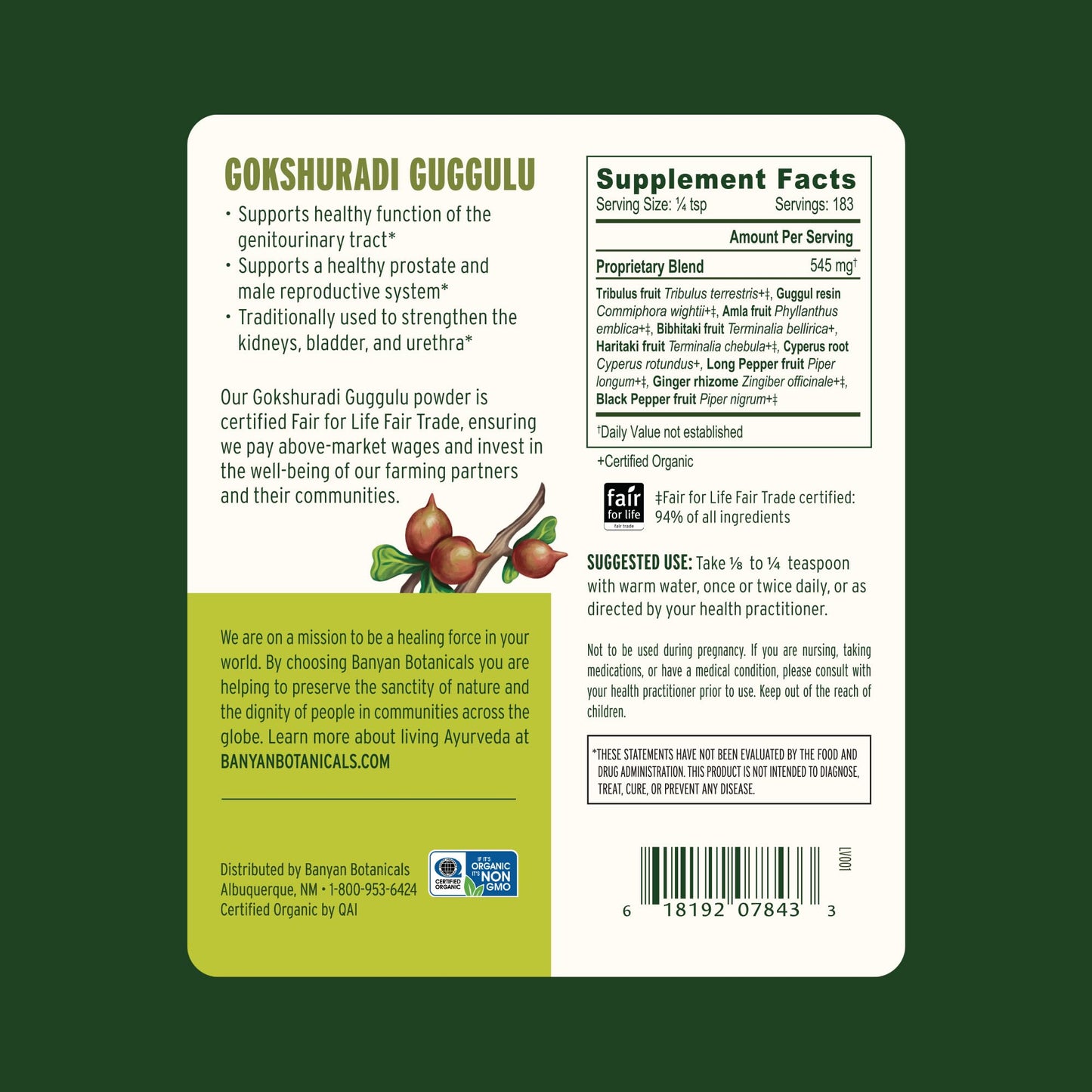 Label details of authentic Banyan Botanicals Ayurvedic powder