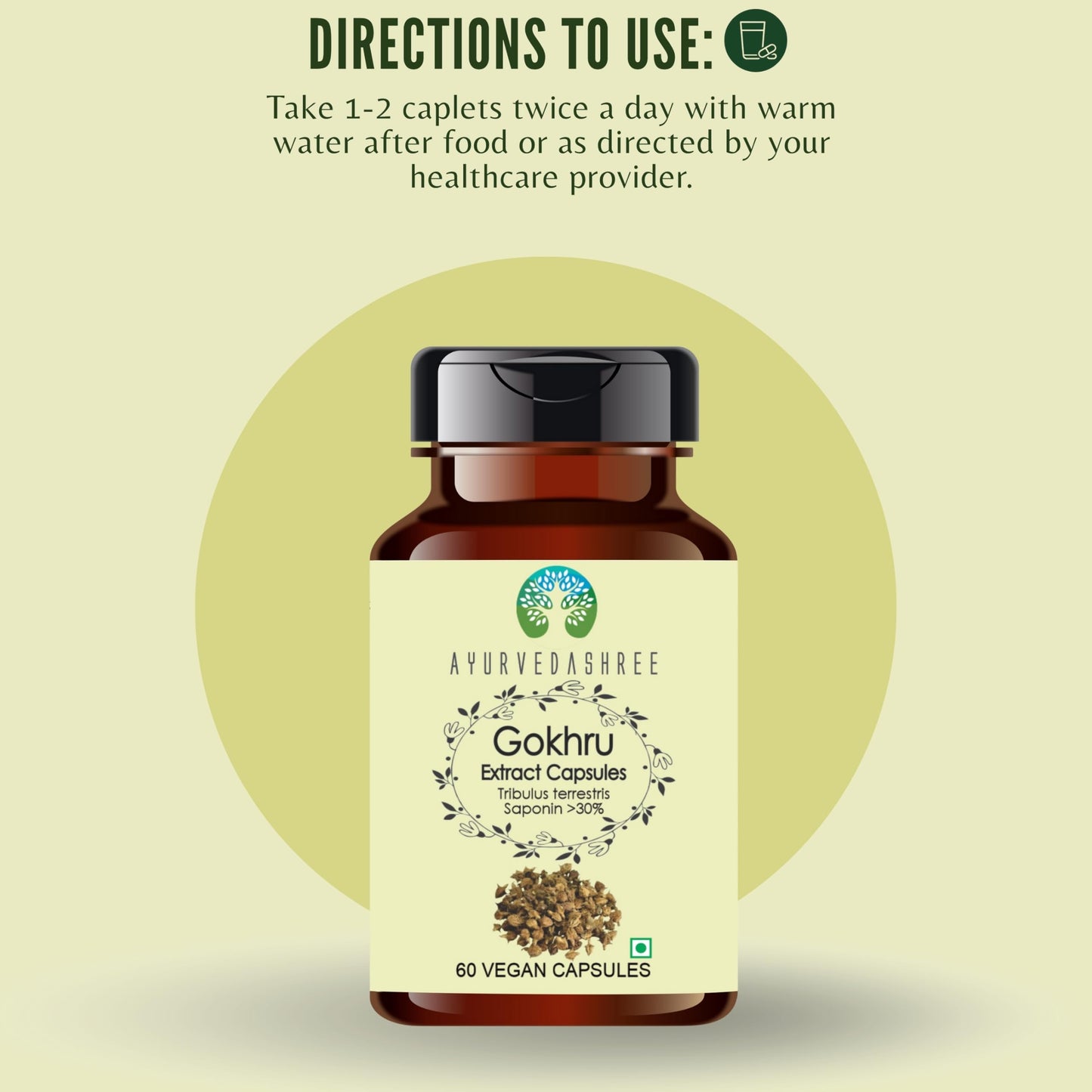 Close up of Ayurvedashree Gokhru supplement branding
