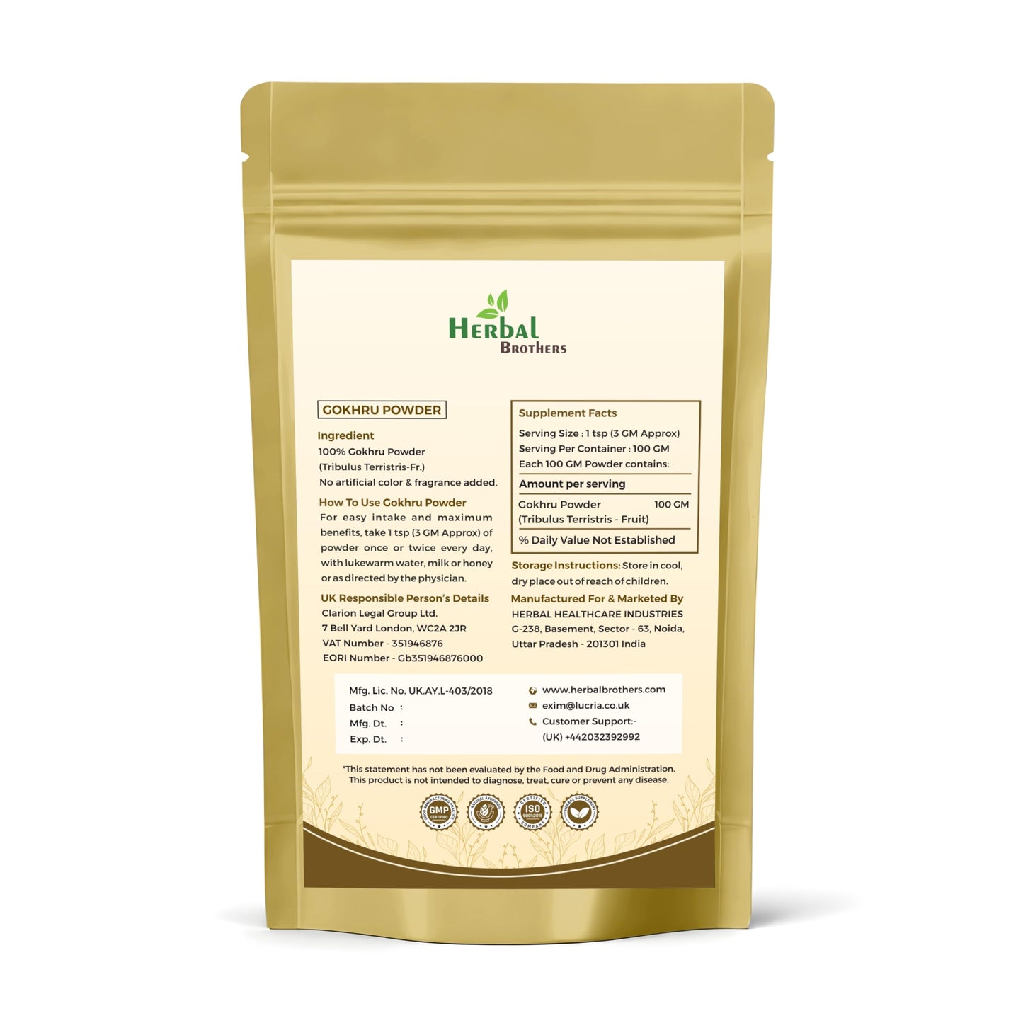 Herbal Brothers Gokhru powder 100g pouch packaging