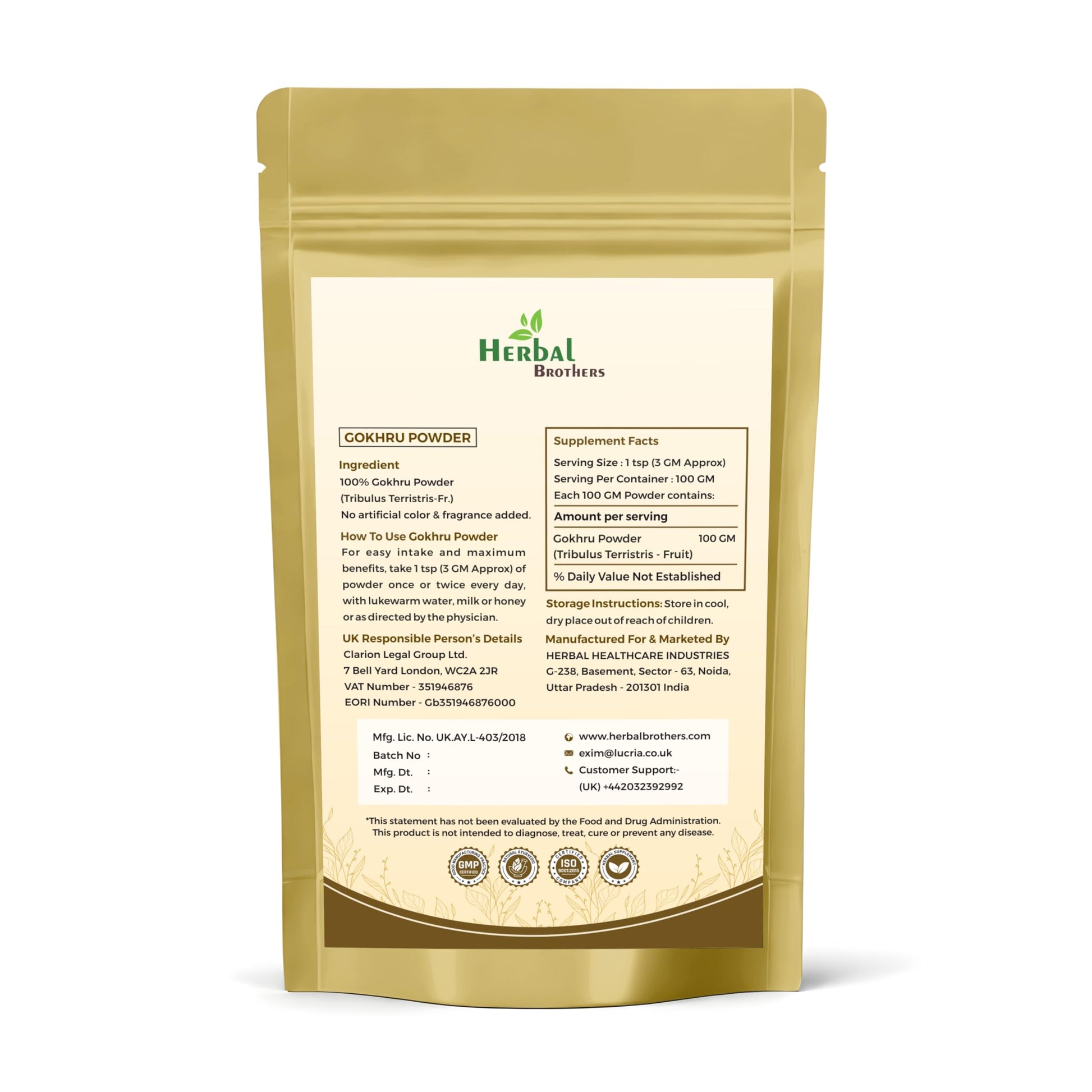 Herbal Brothers Gokhru powder 100g pouch packaging
