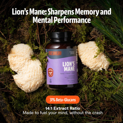 FreshCap mushroom capsules label showing 14 to 1 extract ratio details