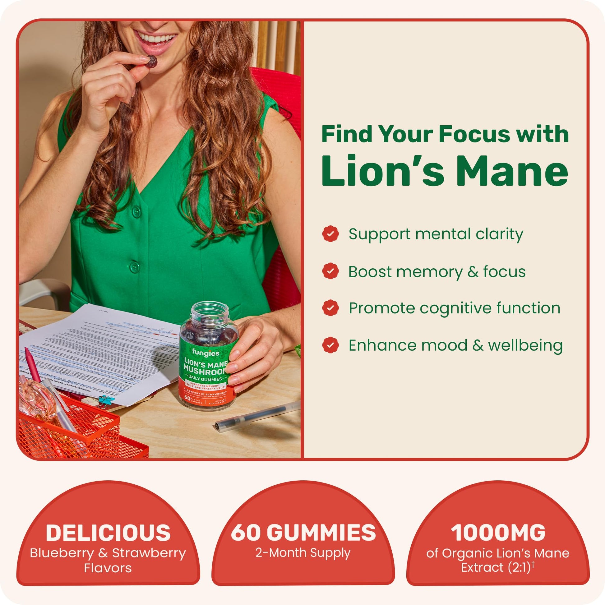 Fungies Lion's Mane Mushroom Gummies top view of blueberry and strawberry flavored pieces