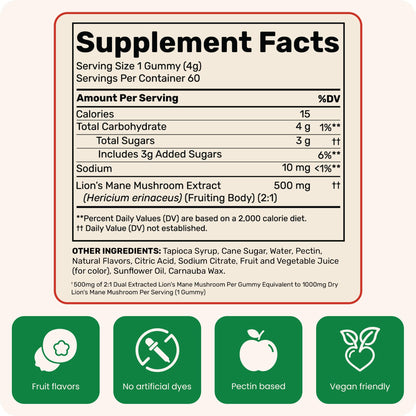 Fungies Lion's Mane Mushroom Gummies side label showing nutrition facts and ingredients