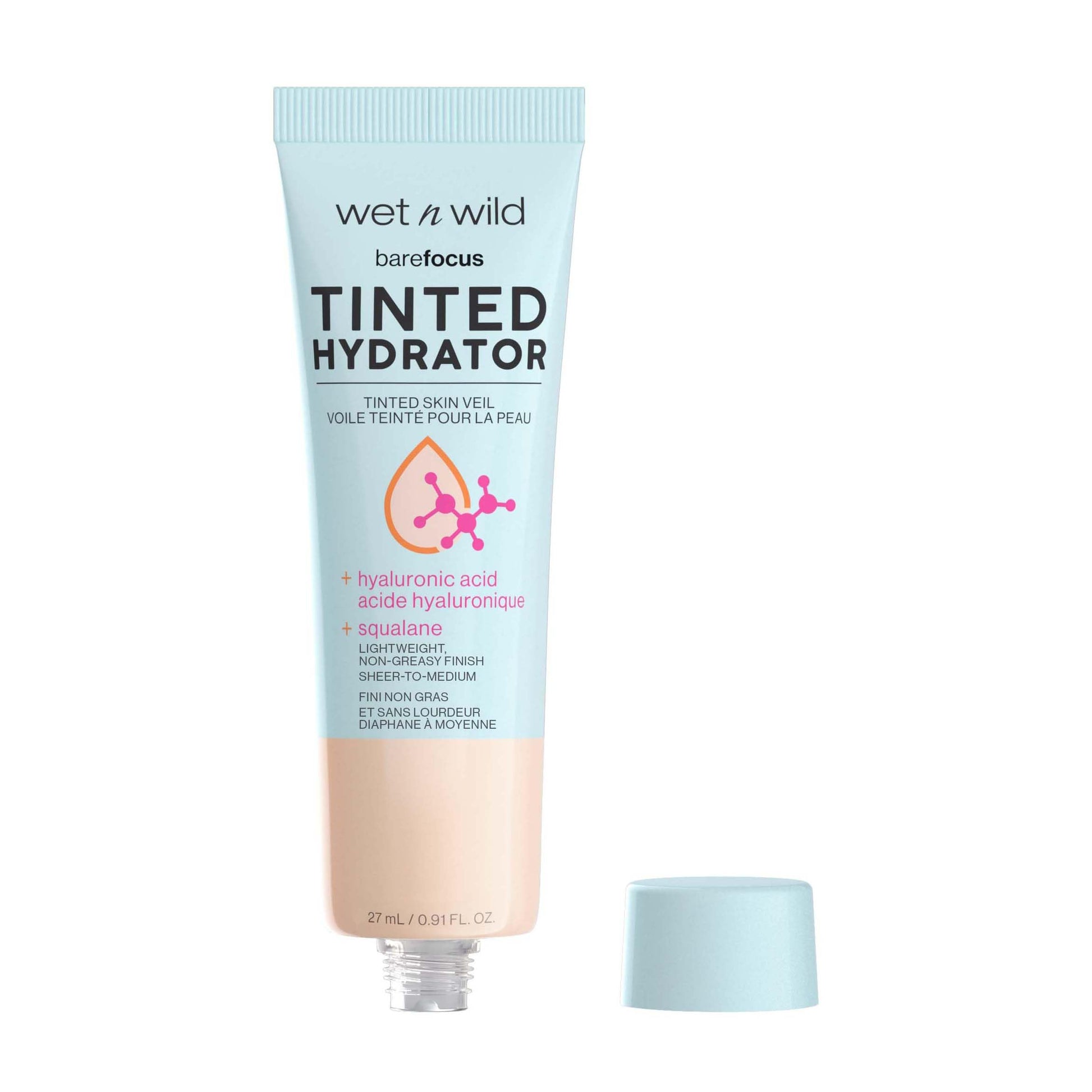 Wet N Wild Bare Focus Tinted Skin Veil tube showing shade name and ingredients label