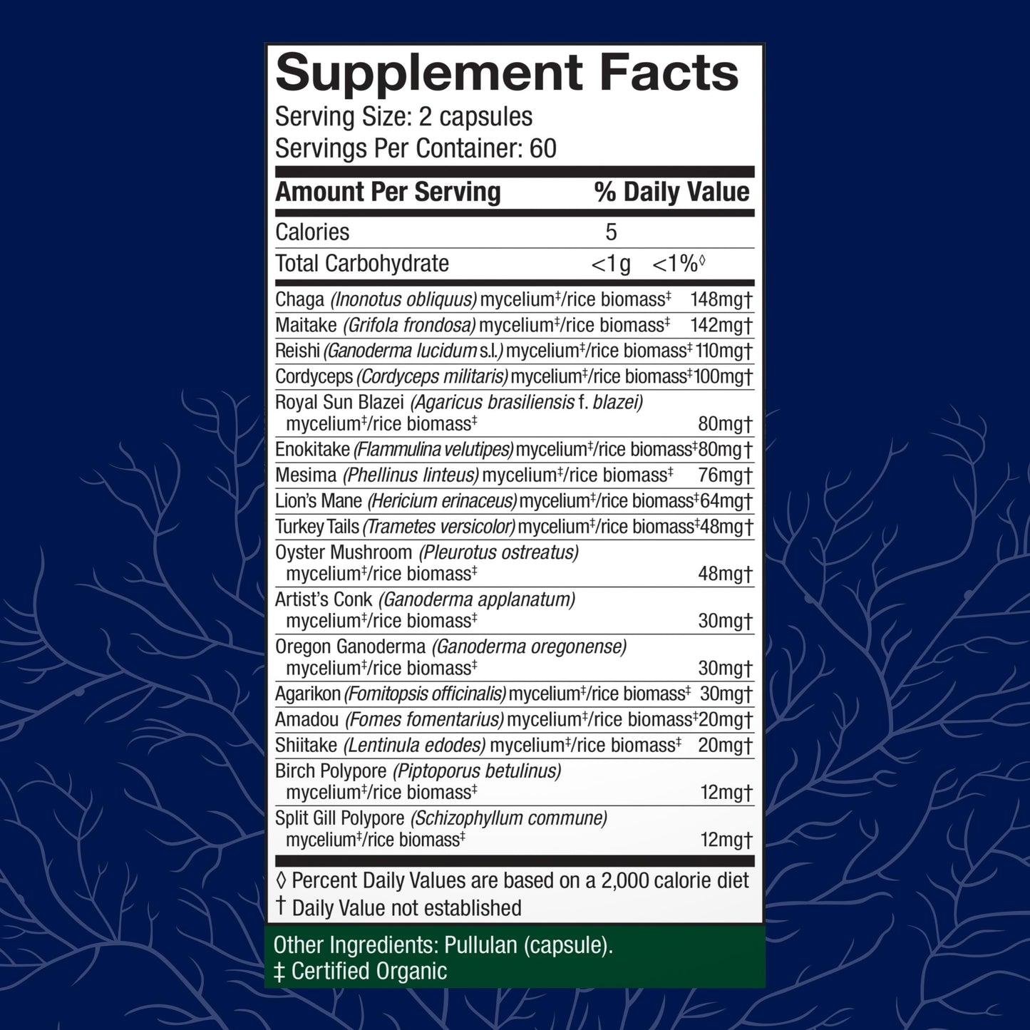 Host Defense mushroom supplement side label displaying seventeen species ingredients.