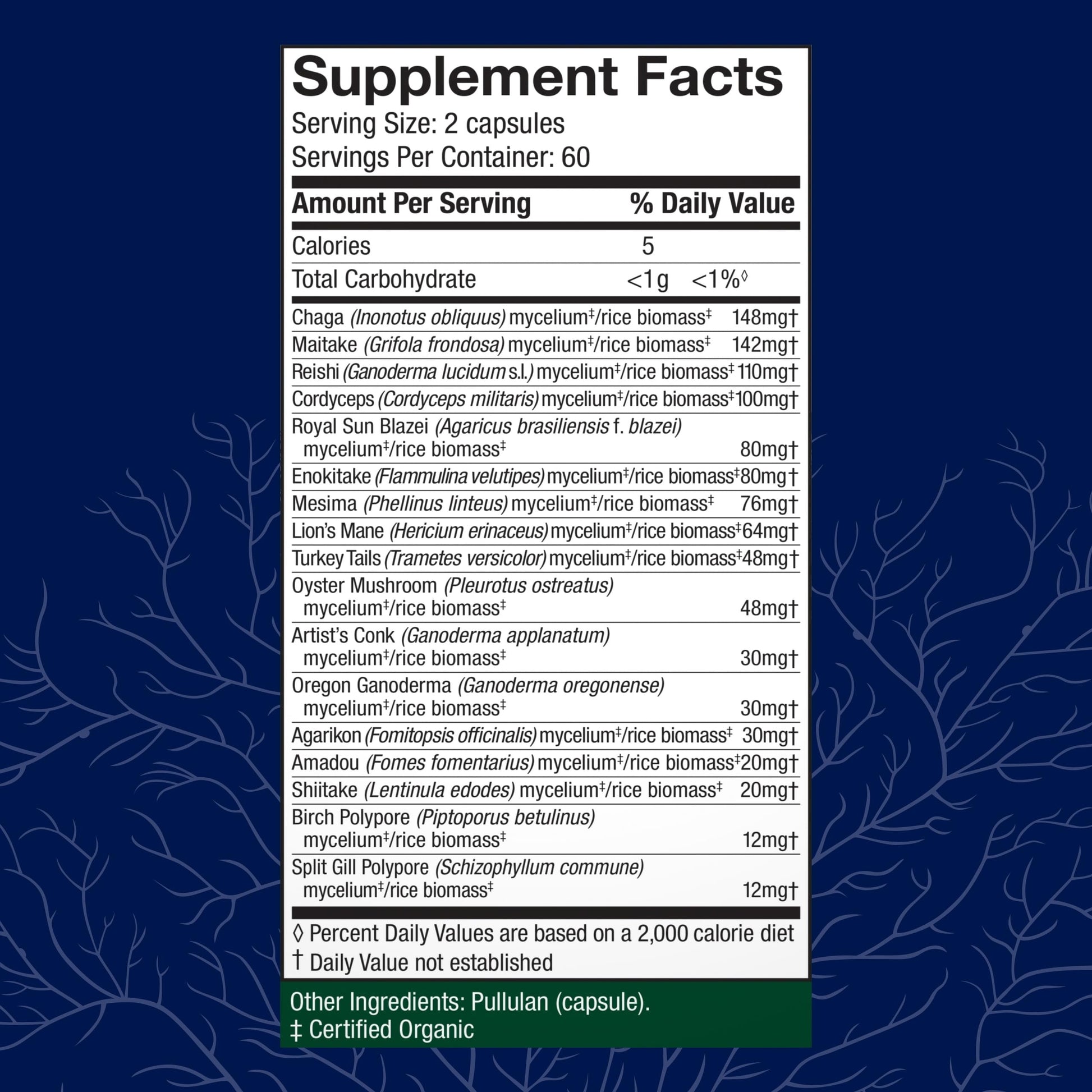 Host Defense mushroom supplement side label displaying seventeen species ingredients.