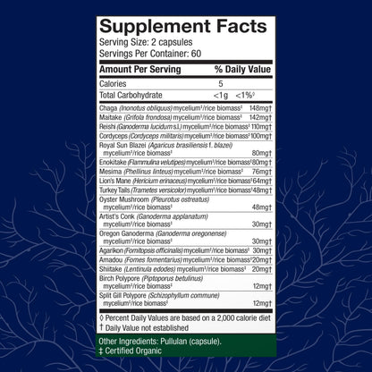 Host Defense mushroom supplement side label displaying seventeen species ingredients.