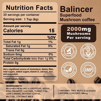 Authentic imported mushroom coffee powder with Lions Mane for mental clarity.