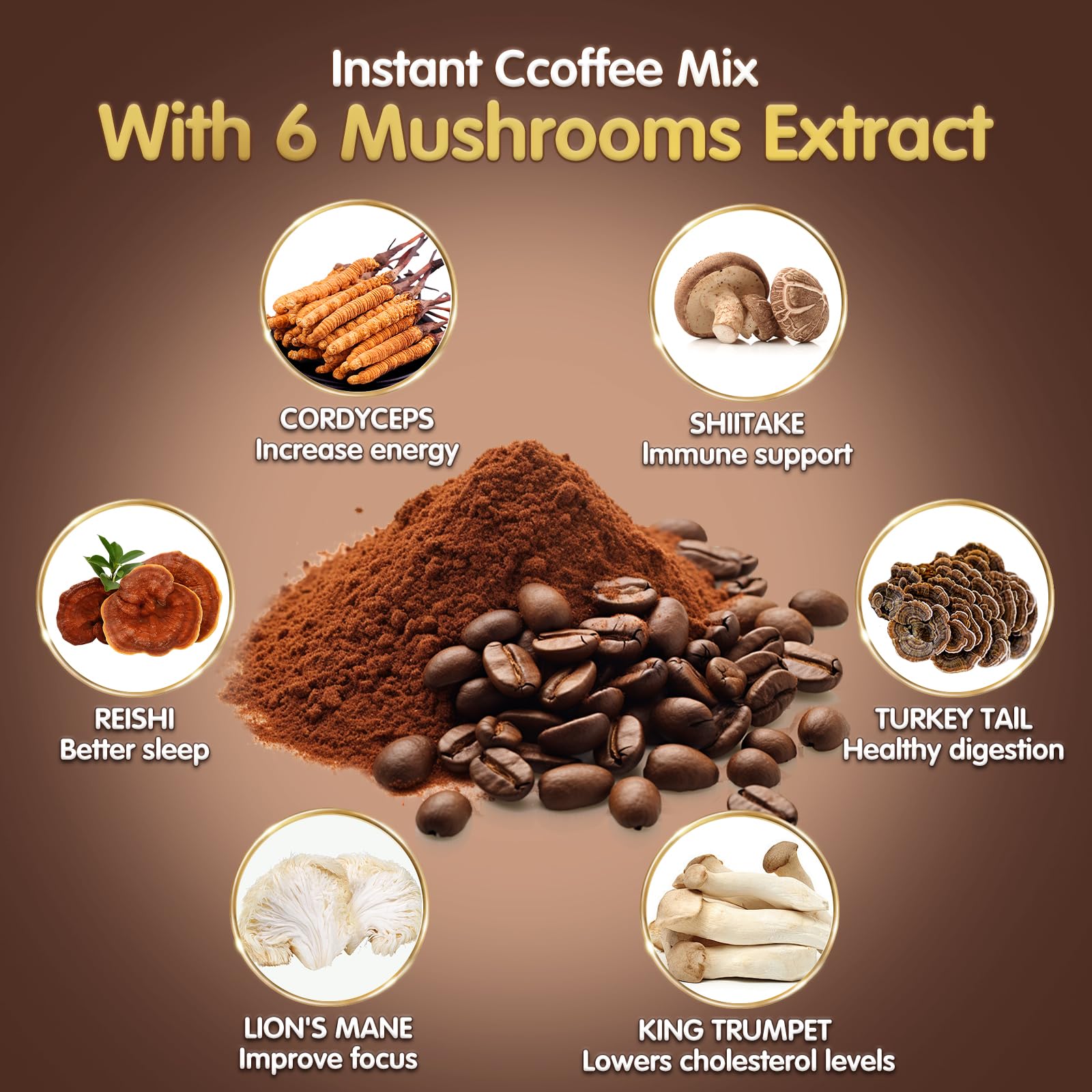 Premium instant coffee blend with six adaptogenic mushrooms nutritional label view.