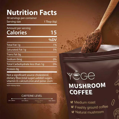 YEGE Instant Mushroom Coffee powder being scooped with a tablespoon for daily serving preparation.