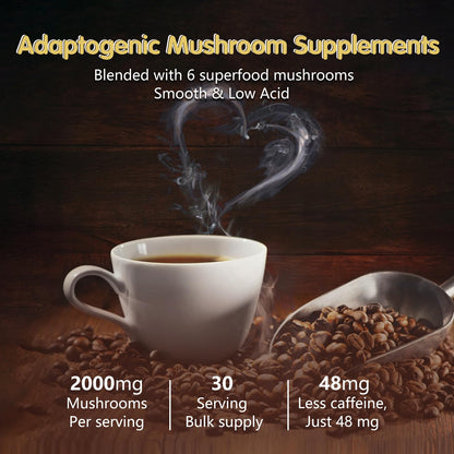 Gluten free adaptogenic coffee supplement details displaying servings info.