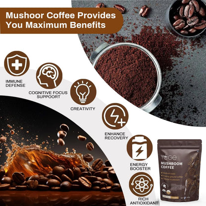 Hot cup of freshly prepared creamy YEGE mushroom coffee mixed with hot water and coconut milk.