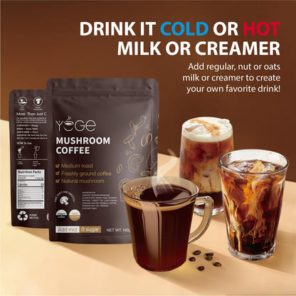 Vegan and sugar free certification labels clearly visible on the YEGE mushroom coffee packaging.