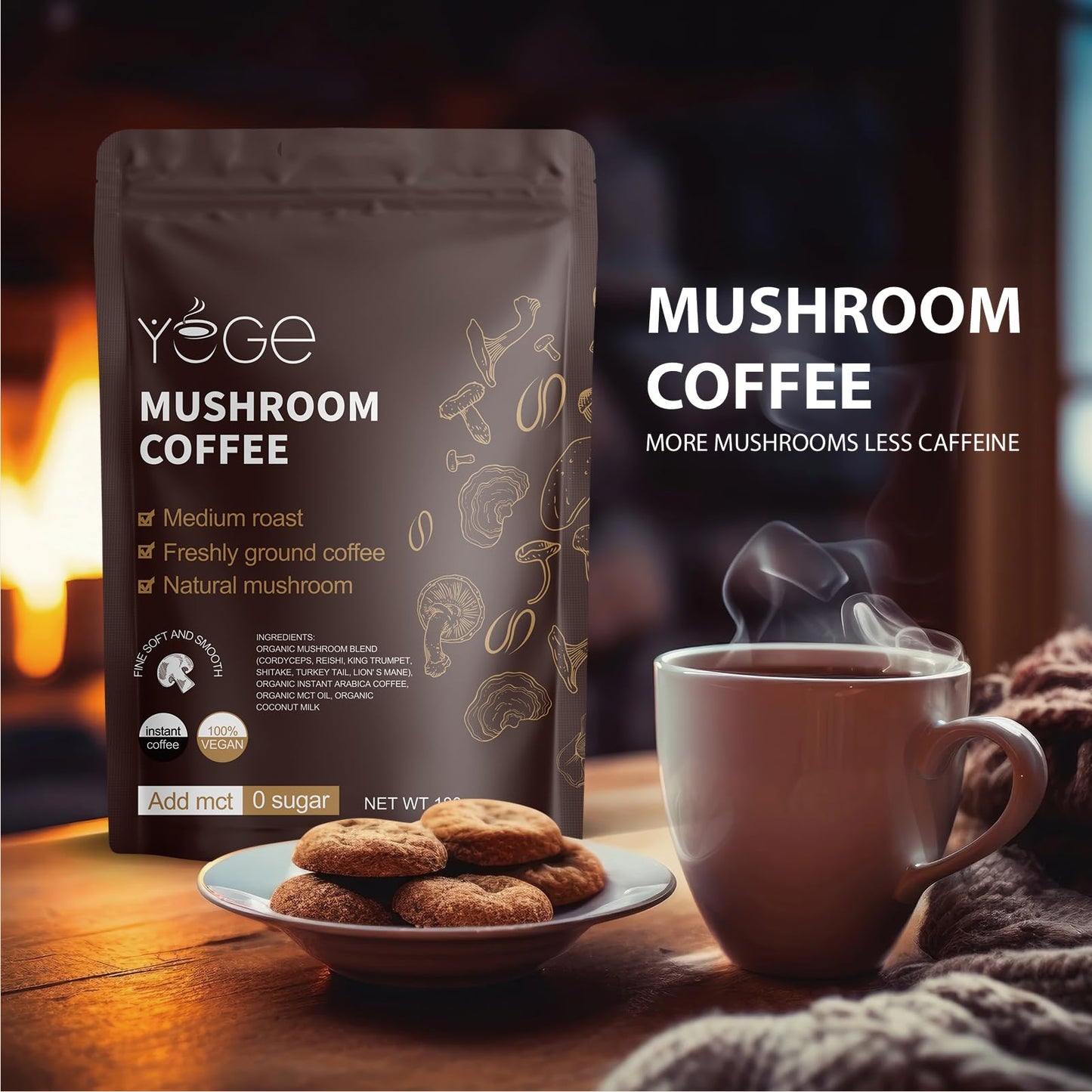 YEGE instant coffee bag next to lifestyle wellness items showing the authentic premium supplement.