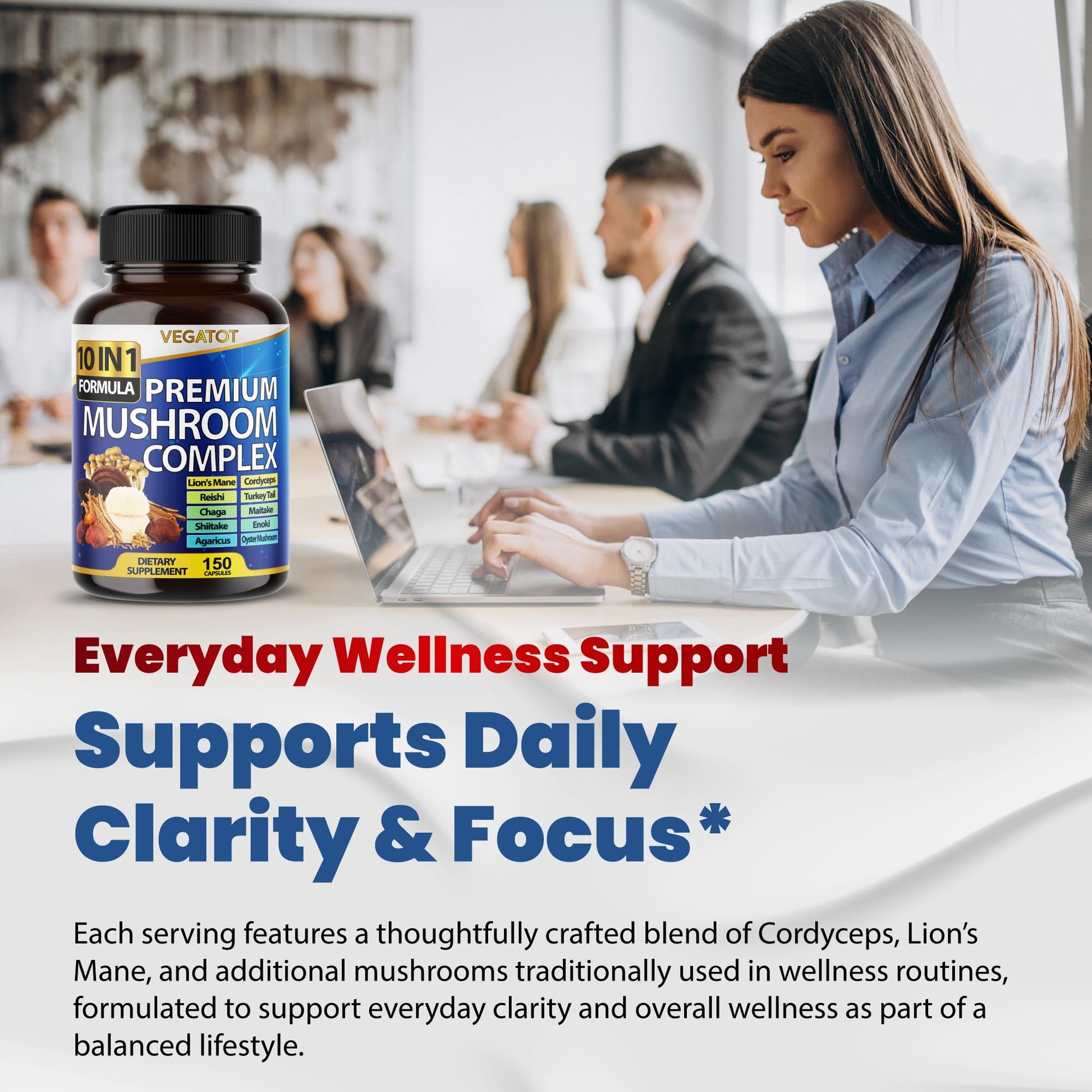 Close up shot of the 150 capsule count label on Vegatot 10 in 1 comprehensive immune and brain health supplement.