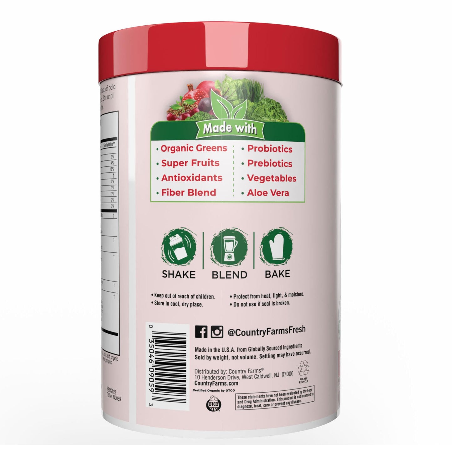 Side angle of Country Farms Daily Greens drink mix packaging highlighting the organic fruits and vegetables ingredients list.