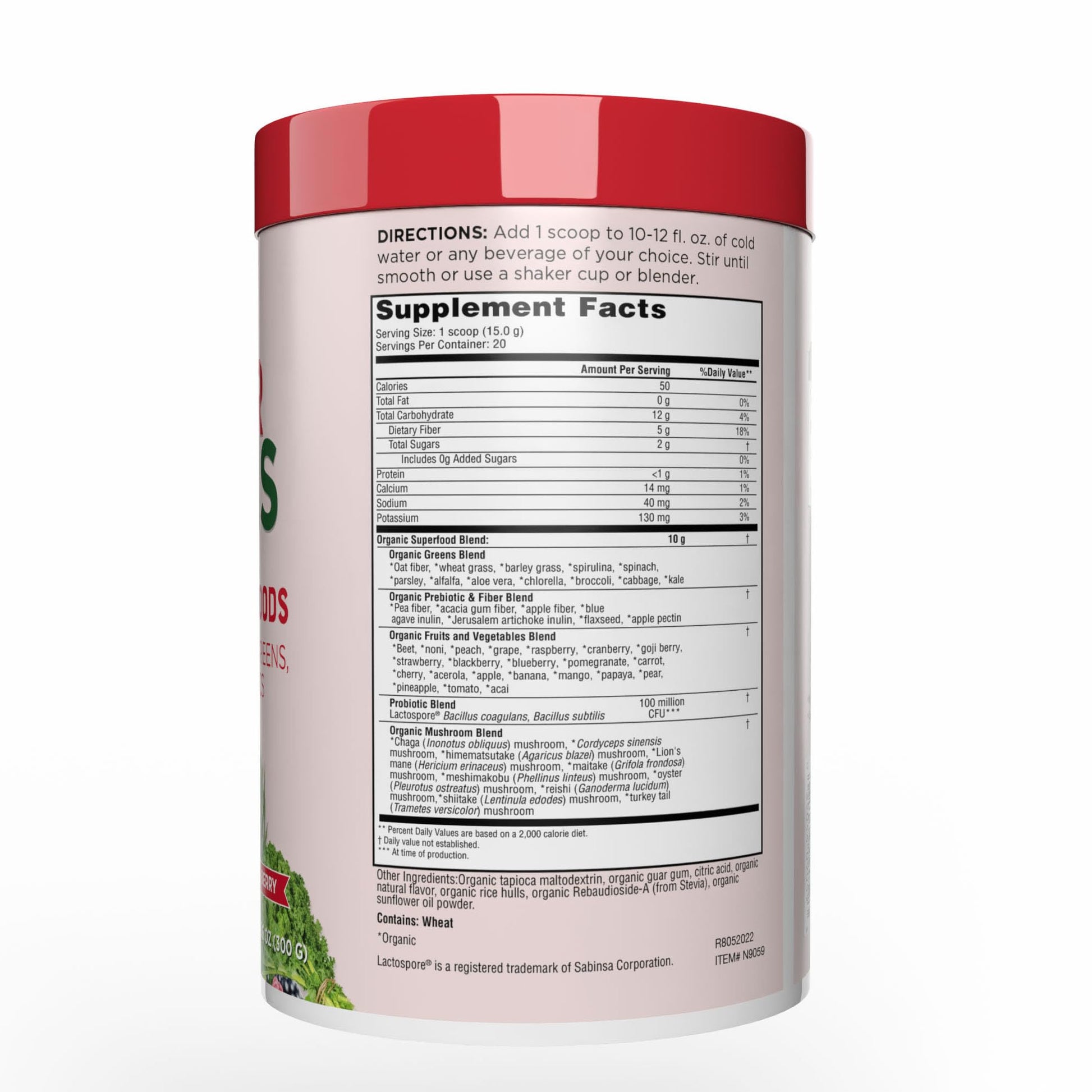 Nutritional facts panel on the back of the Country Farms Super Greens Berry powder showing fiber and probiotic details.