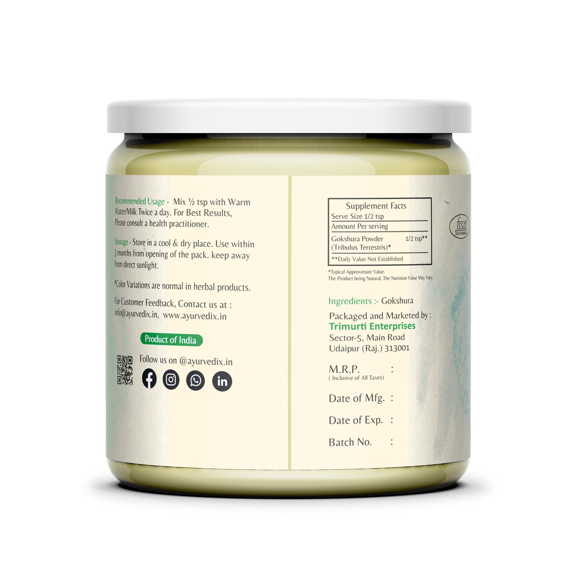 Ayurvedix Gokhru Tribulus Terrestris powder packaging label