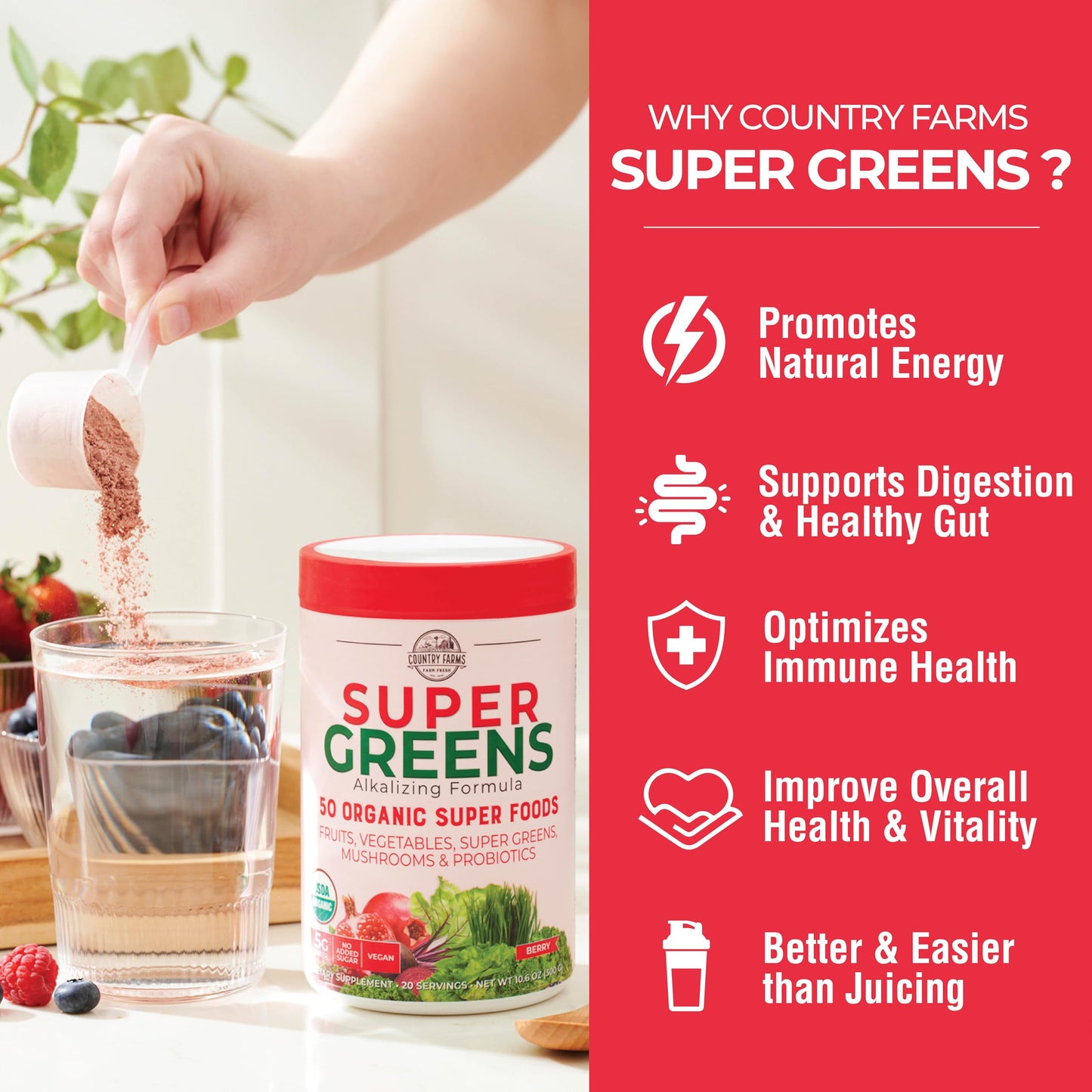 Country Farms Super Green Drink berry flavor mix container displayed next to a fresh fruit smoothie.