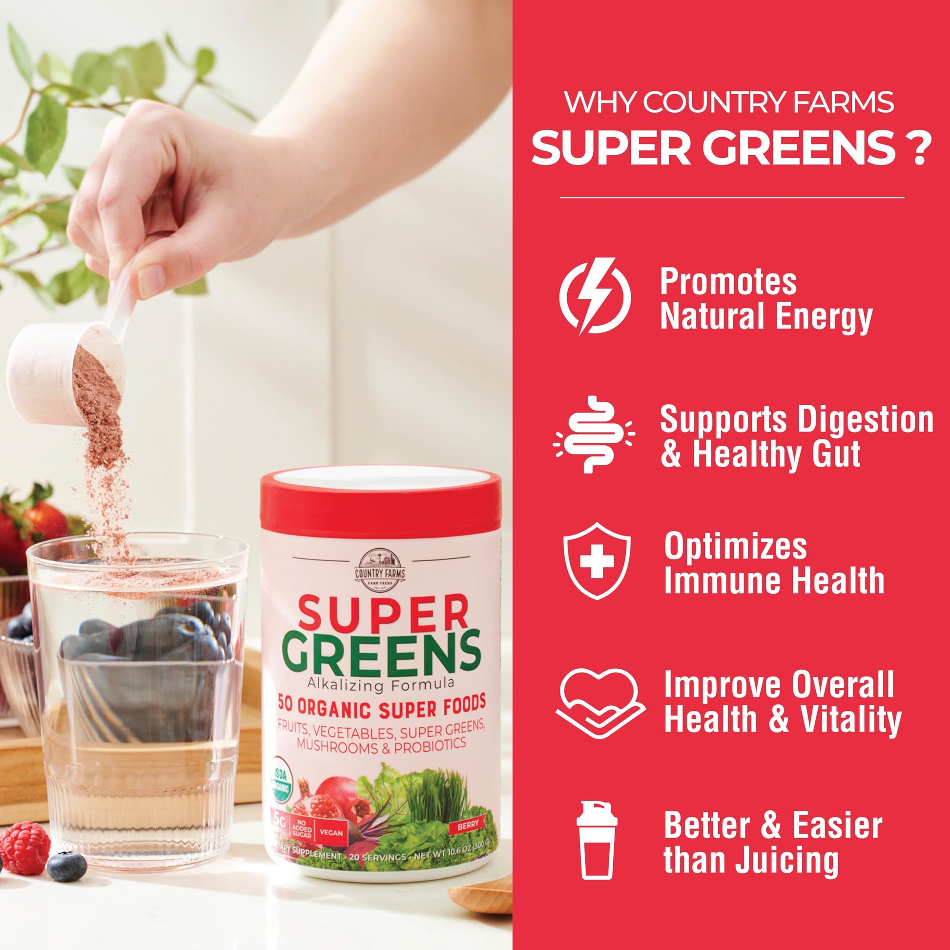 Country Farms Super Green Drink berry flavor mix container displayed next to a fresh fruit smoothie.