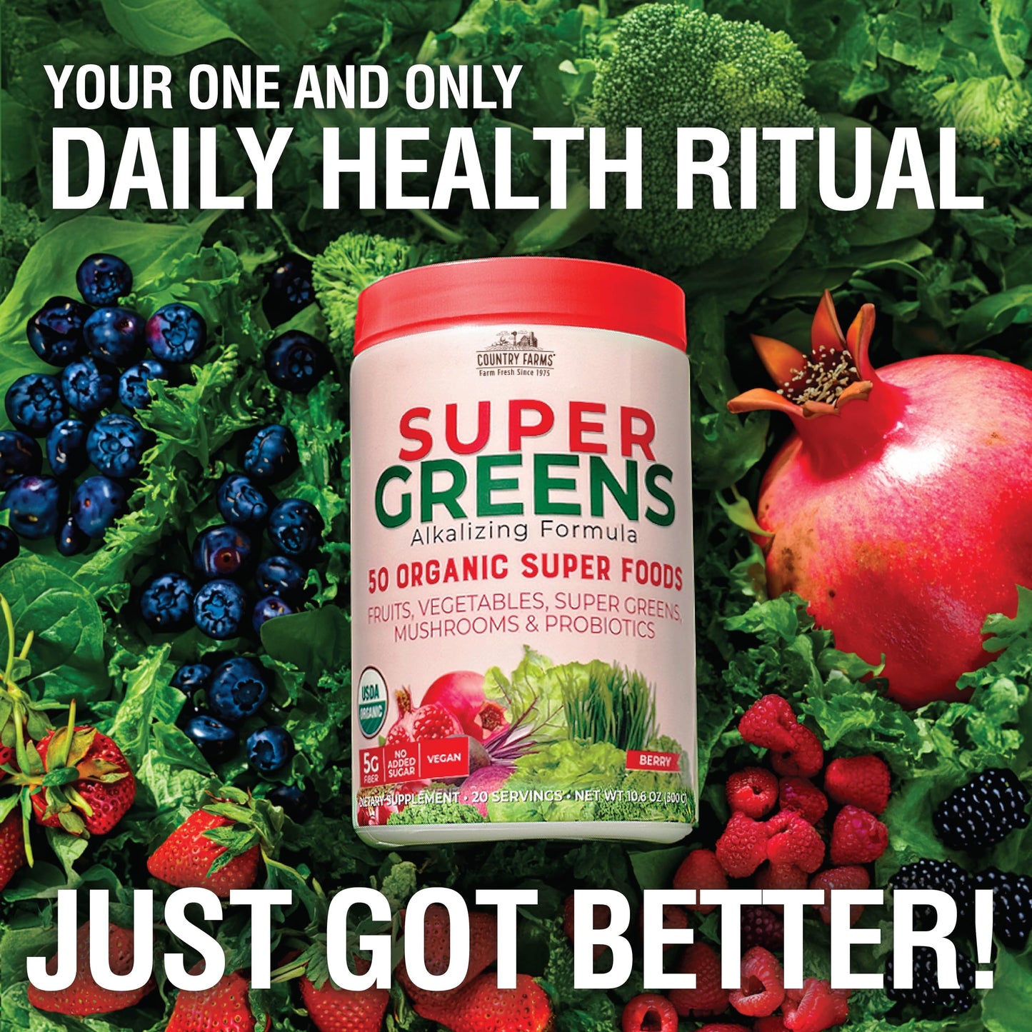 Top view of the Country Farms Organic Super Greens 300 grams tub showing the safety seal.