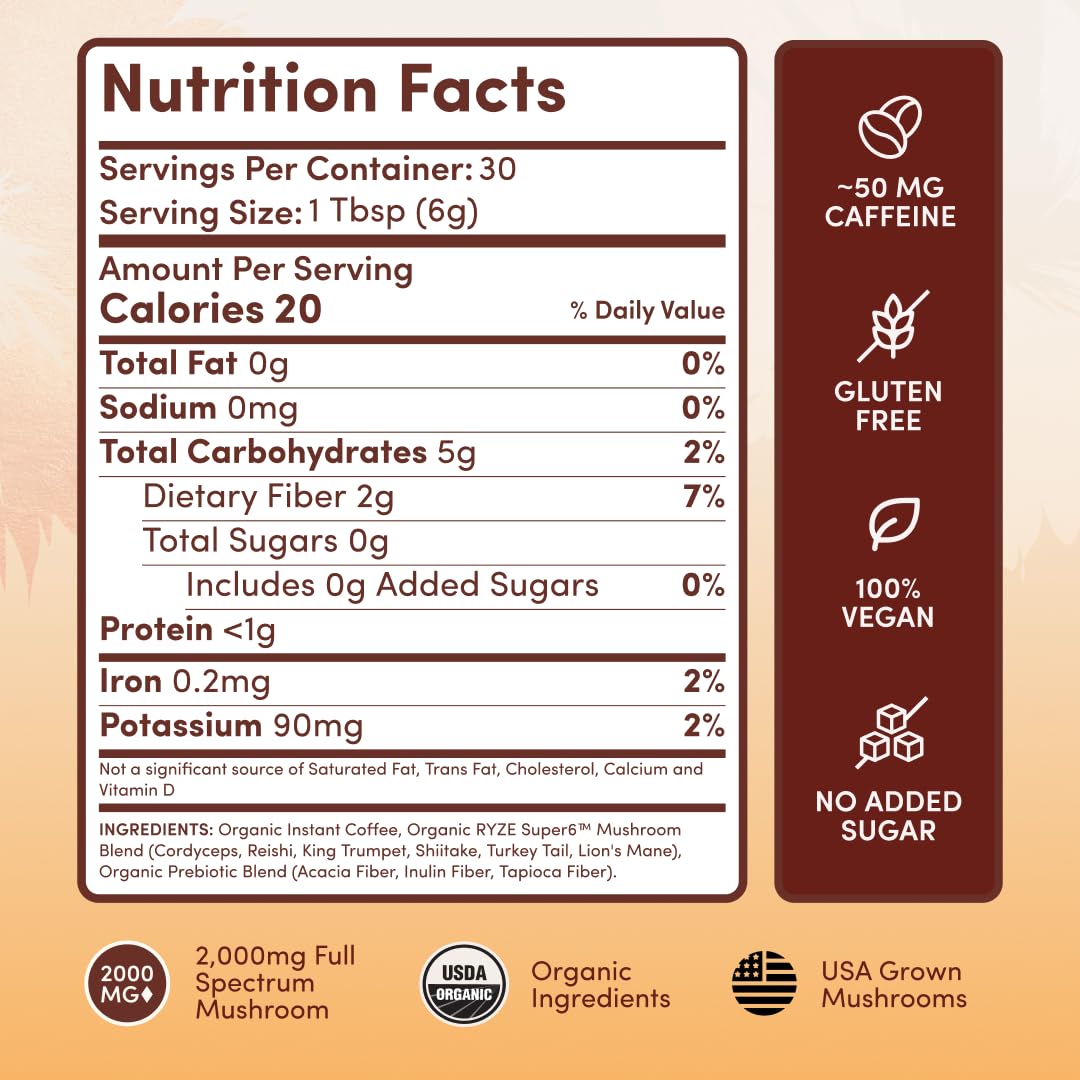 RYZE SUPERFOODS Organic Mushroom Coffee bags displaying the six adaptogenic mushroom ingredients.