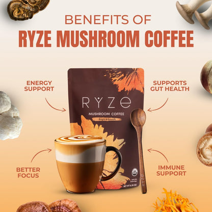 Authentic RYZE SUPERFOODS instant coffee powder mix being prepared in a hot beverage mug.