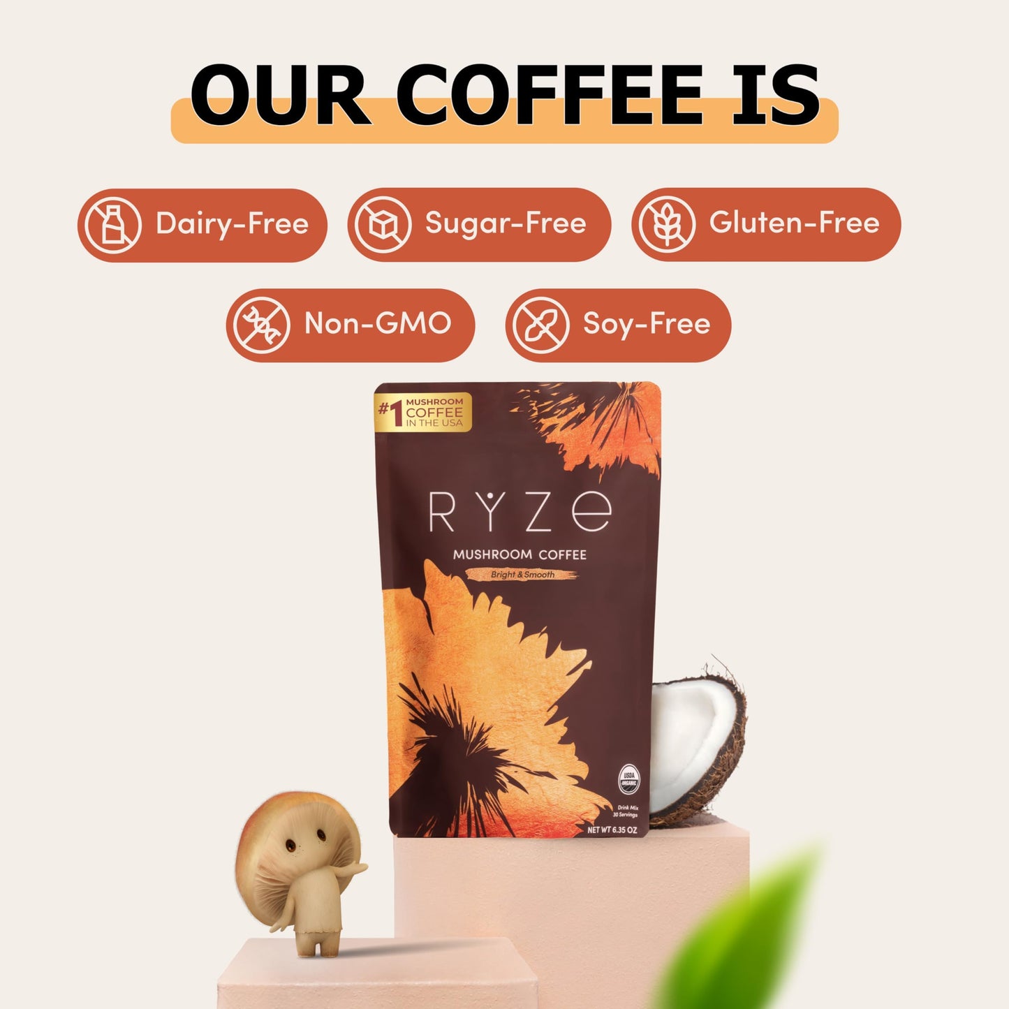 Imported RYZE SUPERFOODS mushroom drink mix showing the nutrition facts and organic certification labels.