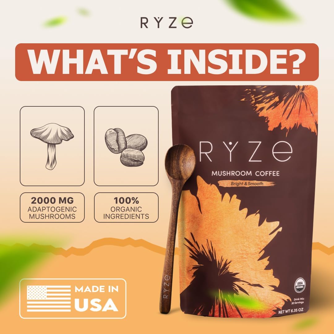 RYZE SUPERFOODS mushroom instant coffee starter kit twin pack bags placed on a clean kitchen counter.