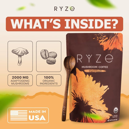 RYZE SUPERFOODS mushroom instant coffee starter kit twin pack bags placed on a clean kitchen counter.