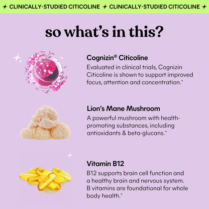 Supplement facts label on the back of Lemme Focus 50 gummies packaging showing Vitamin B12 details