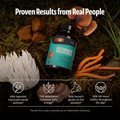 FreshCap six mushroom supplement capsules back label showing nutritional facts and ingredients