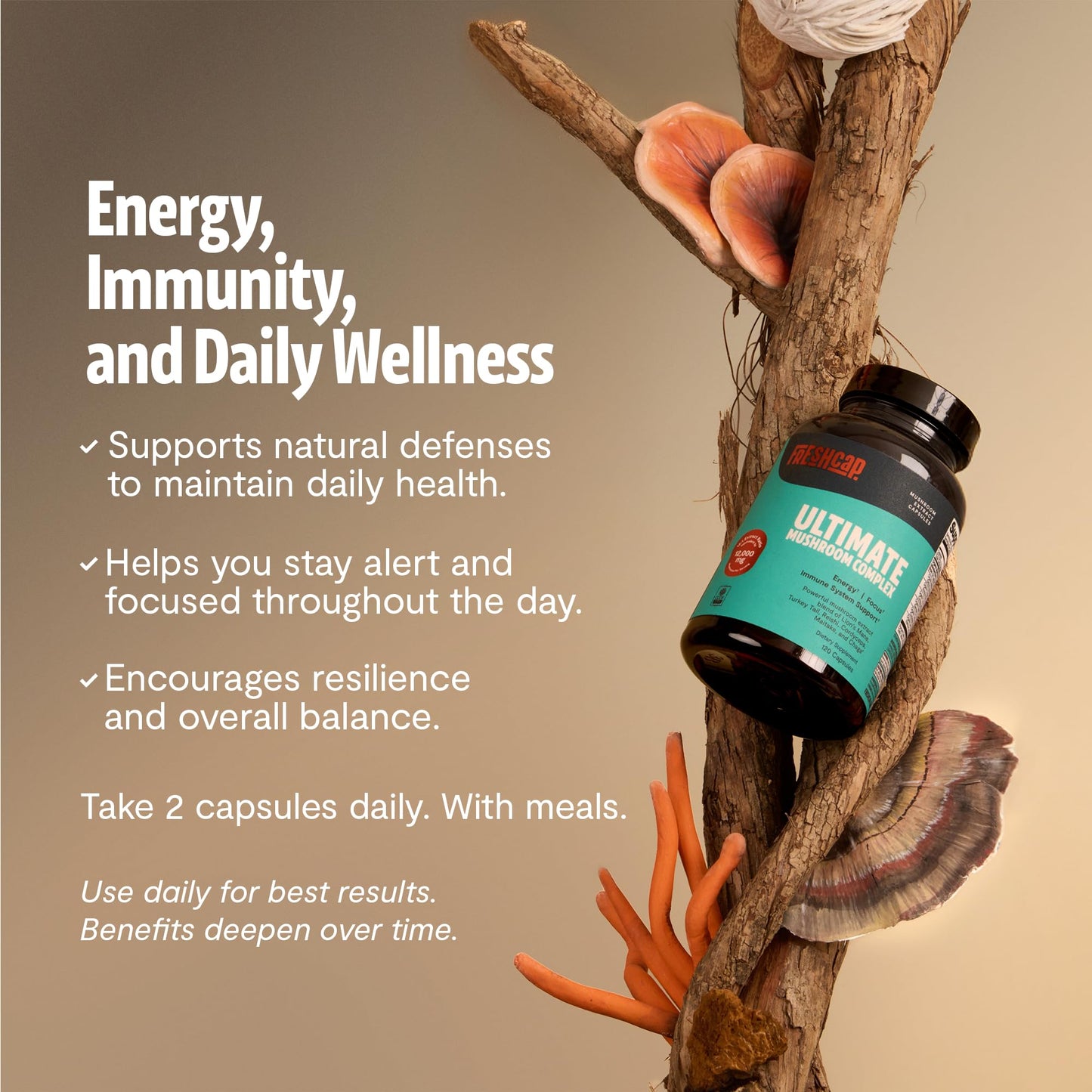 FreshCap ultimate mushroom blend capsules showcasing certified organic whole fruiting body extract