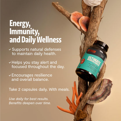 FreshCap ultimate mushroom blend capsules showcasing certified organic whole fruiting body extract